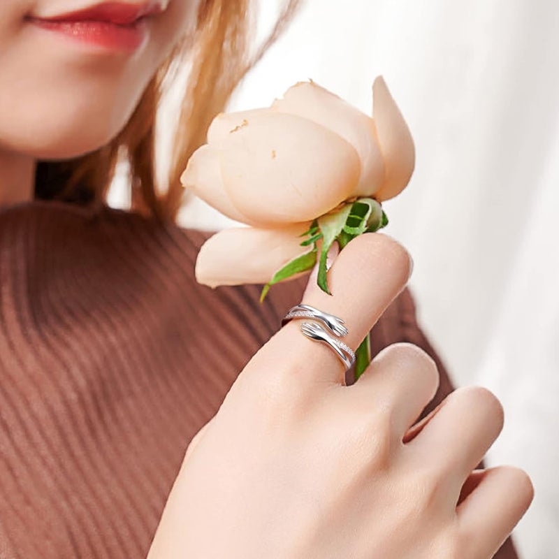 Yearace Hug Ring, S925 Sterling Silver Hug Rings for Women Girl, Hugging Hand Open Promise Ring, Mothers Day Valentine's Day Birthday Gifts - Image 2